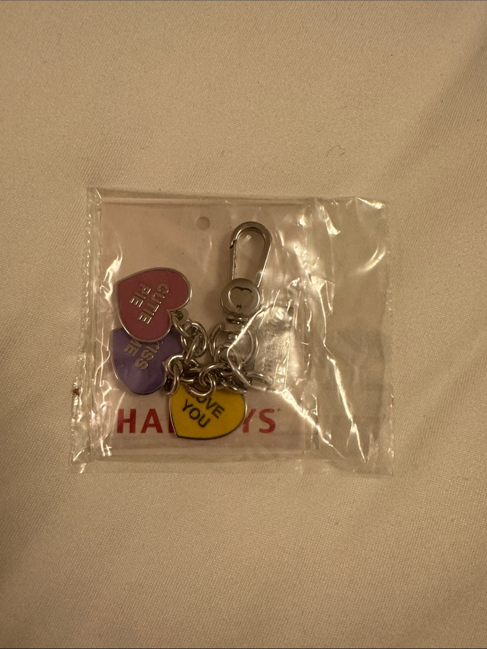 Harveys Heart Charm Keychain with Yellow, Pink, and Purple Conversation Hearts